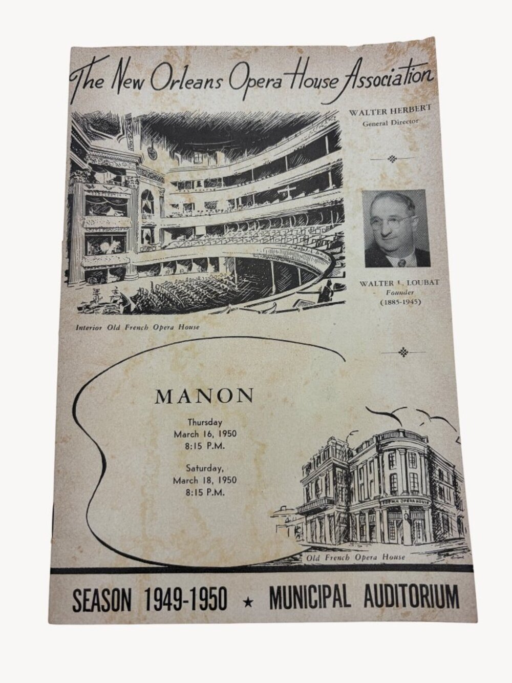 1950 New Orleans Opera Manon Program Municipal Aud Sayao Conley Treigle NOLA LA